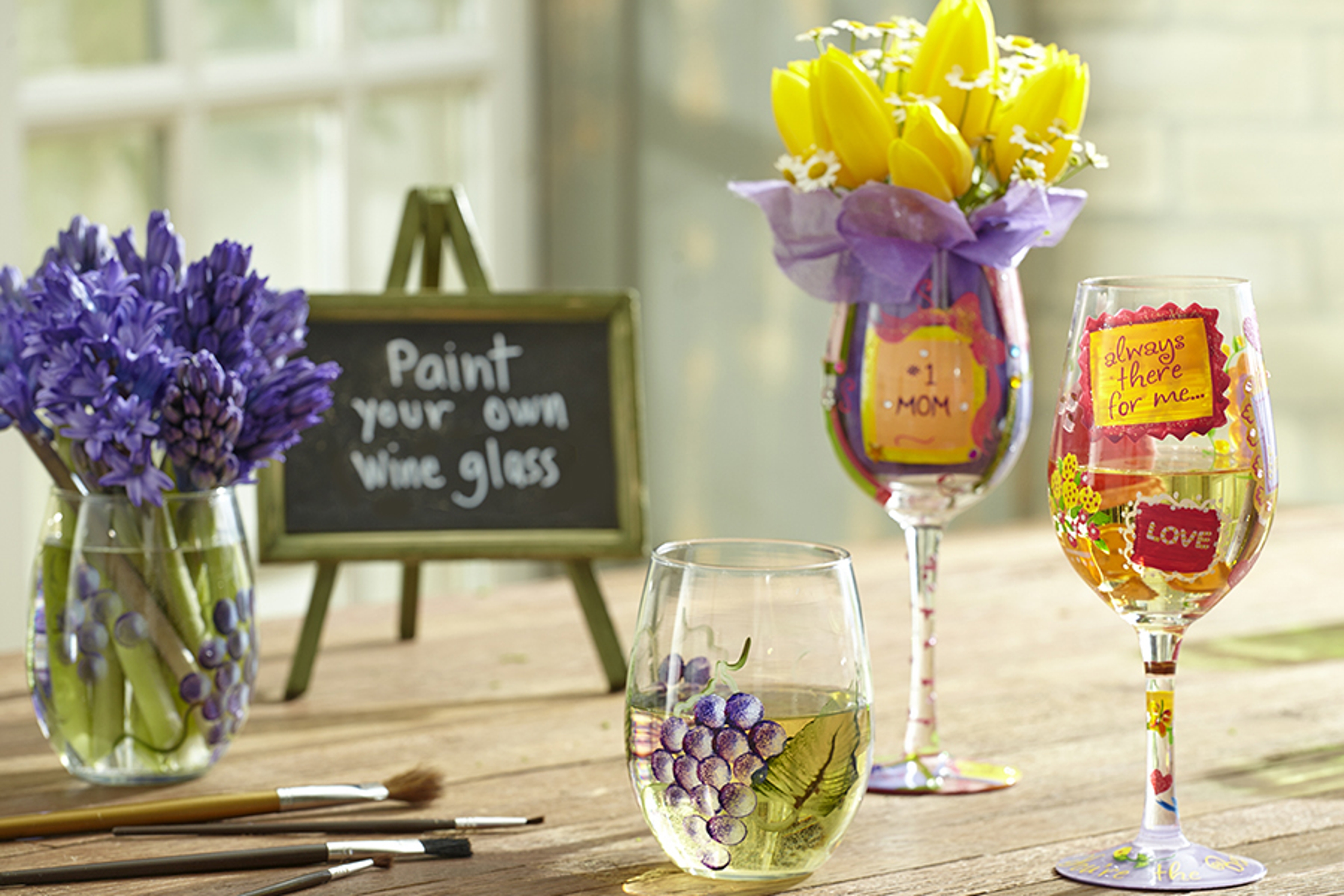 Painted wine glass for Mother's Day wine tasting.